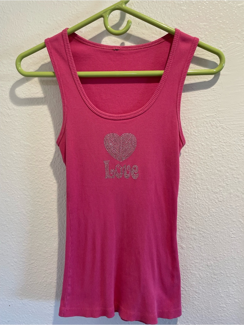 💞 Y2K Hot Pink Rhinestone Heart Love Ribbed Tank Top